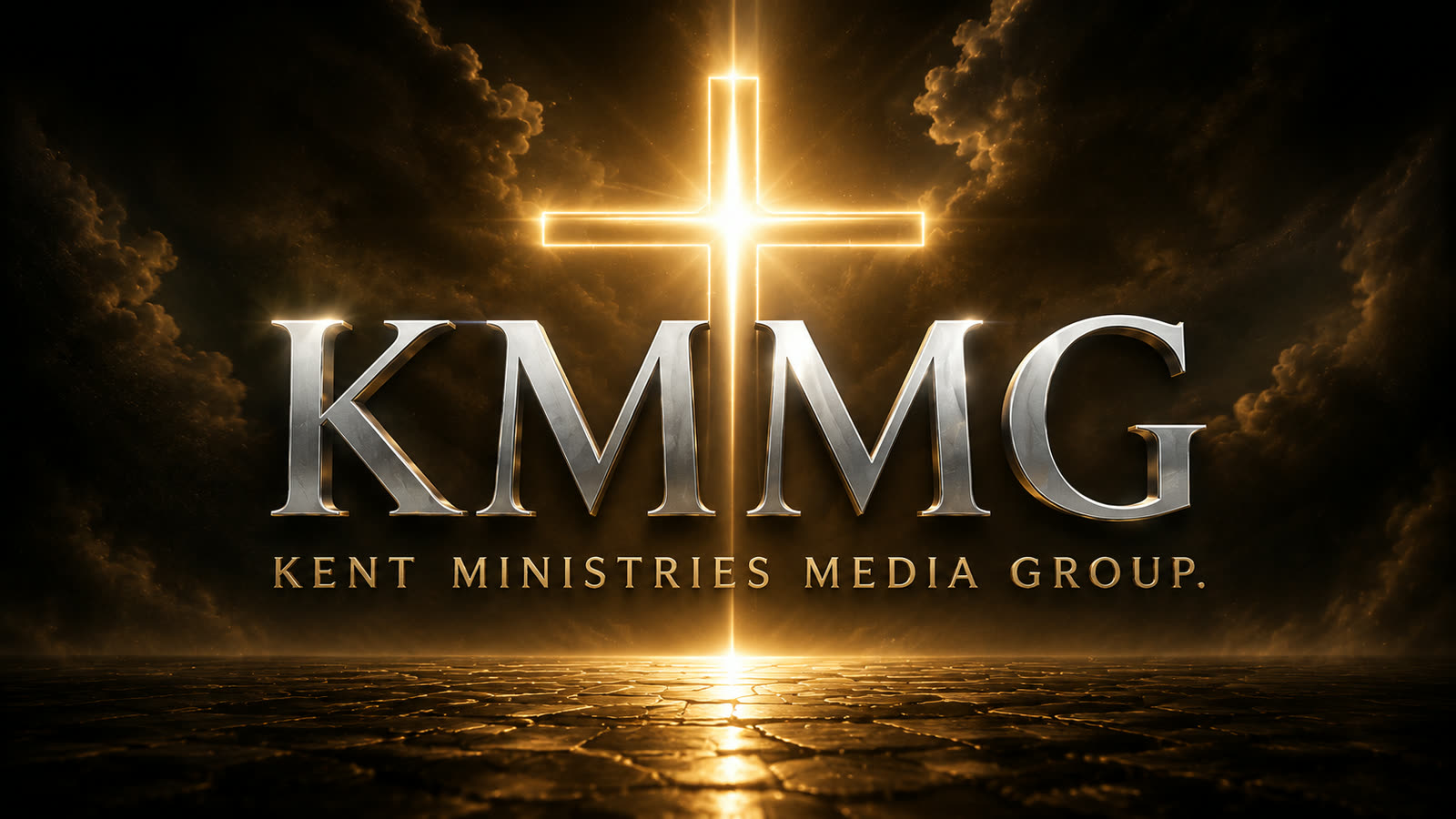 The KMMG mark: a lit cross above the letters K M M G on a dark stone floor